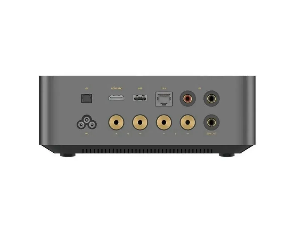 WiiM Amp Ultra, Rückseite mit HDMI-, optischen und analogen Anschlüssen